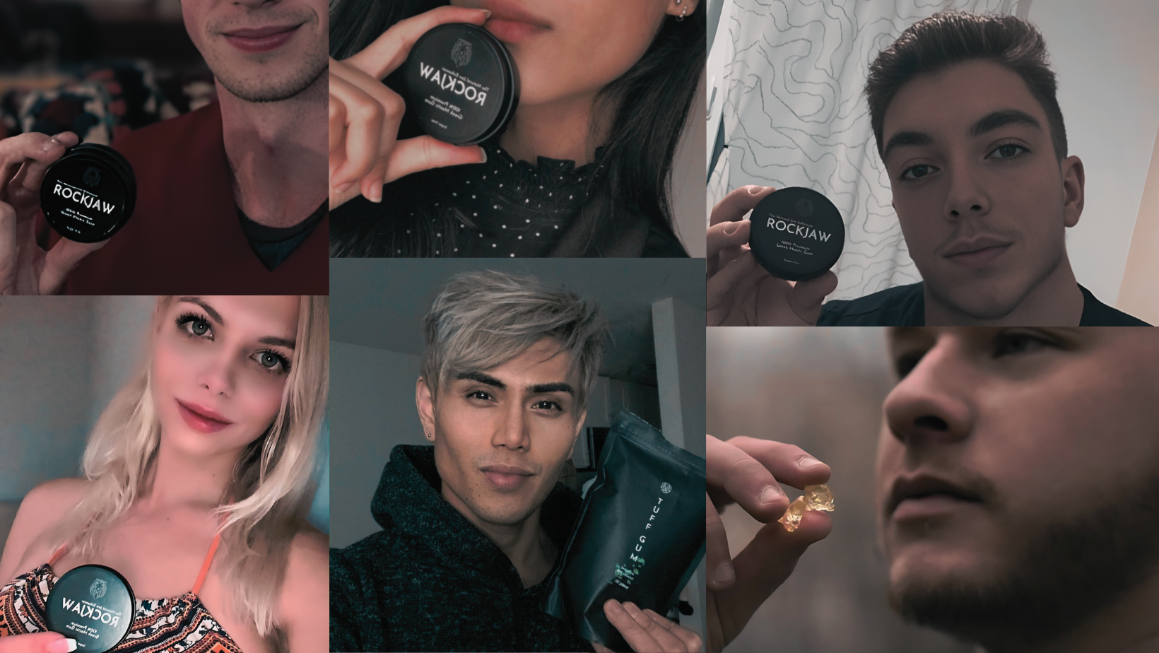 A collage showcasing diverse individuals proudly displaying their Rockjaw gum products in various settings.