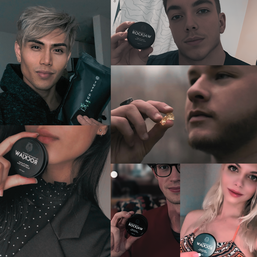 A collage showcasing diverse individuals proudly displaying their Rockjaw gum products in various settings.